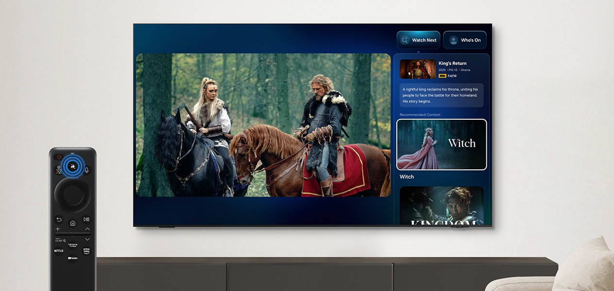 A TV displays a scene of riders on horses, along with show info and recommended content. A remote with the AI button circled.
