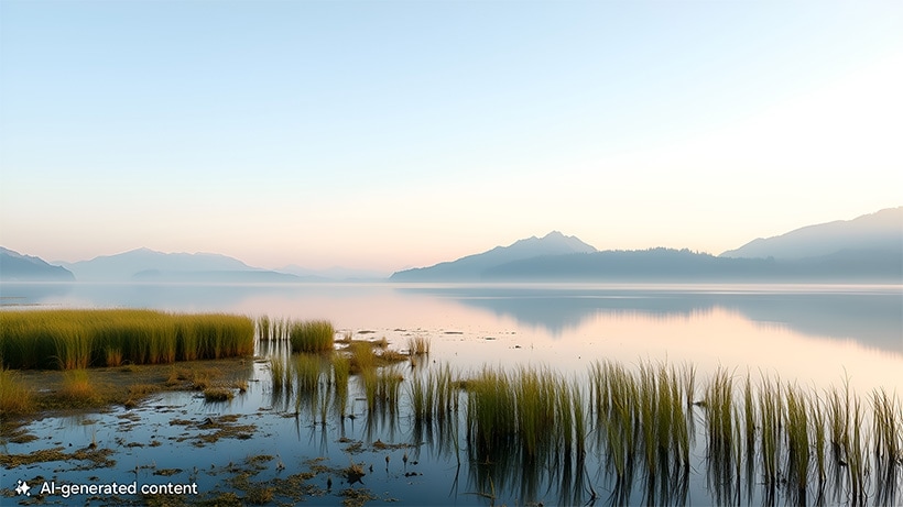 Un pantano tranquilo con plantas en el agua. Las montañas están en el fondo. Una nota en la parte inferior lee el contenido generado por AI.