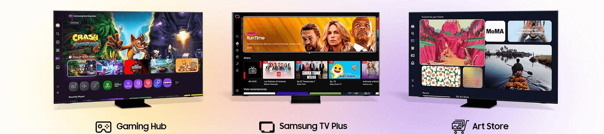 Tres TV que muestran la interfaz del usuario para Gaming Hub, Samsung TV Plus y Art Store.