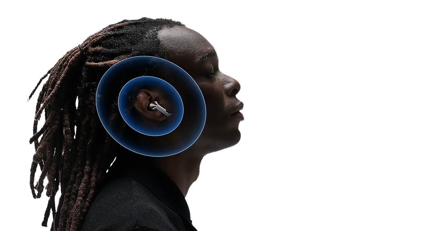 Mężczyzna korzystający z Galaxy Buds3 Pro w kolorze białym z lekkim efektem pikselacji nad uchem.